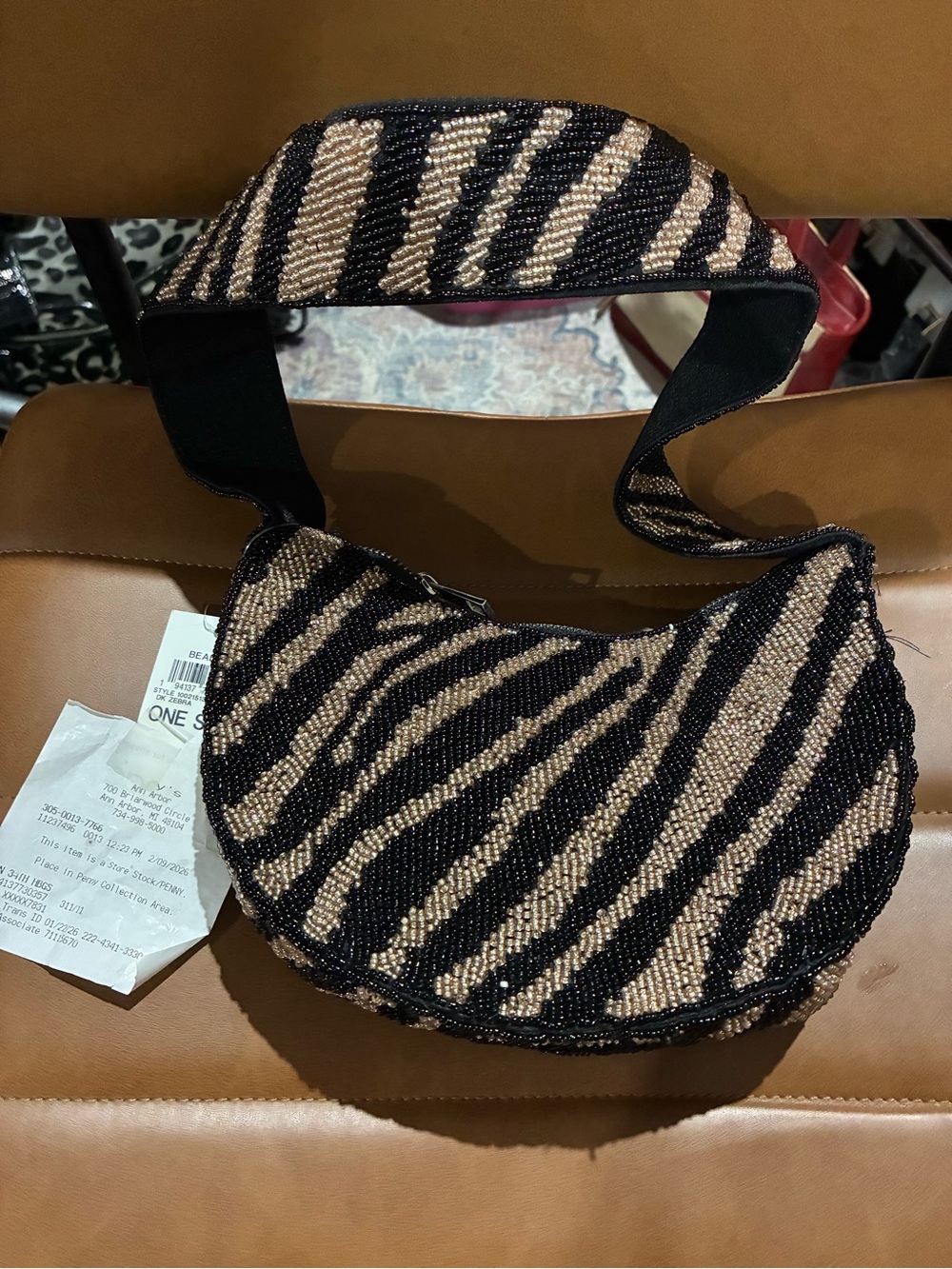 Beaded Zebra-Stripe Shoulder Bag in Black and Gold